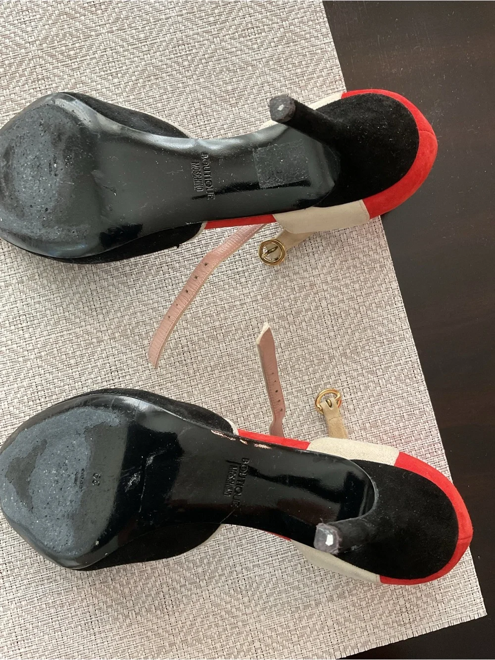 Moschino Colorblock Suede Ankle-Strap Heels in Red, Black & Cream
